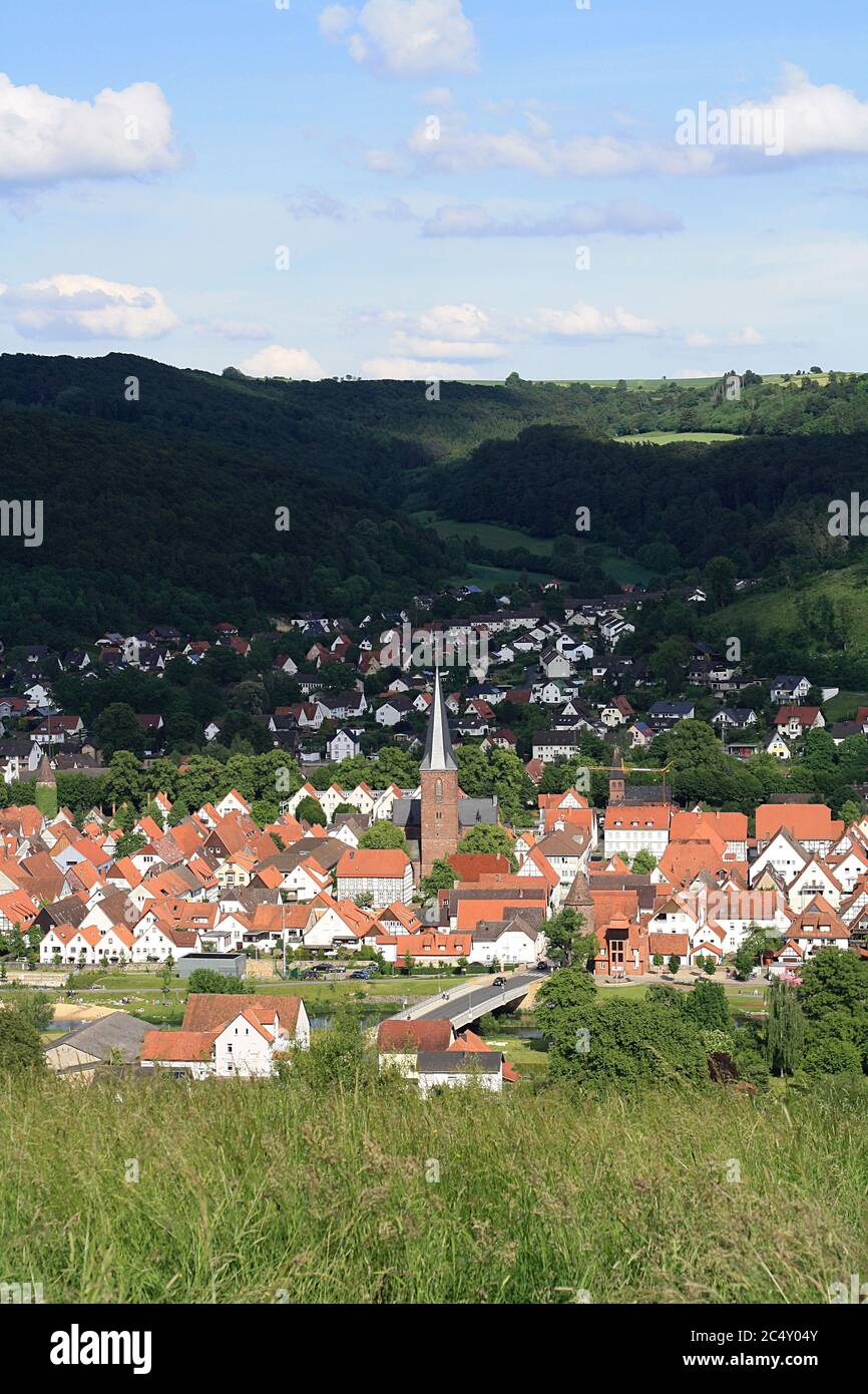 View of Luegde, Germany in spring from the Osterberg. Stock Photo