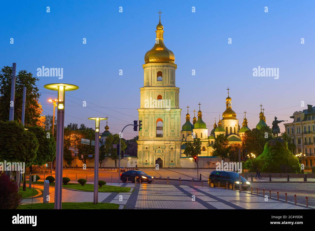 Twilight view of Sofiivska square and famous  Saint Sophia's Cathedral. Kiev, Ukraine Stock Photo