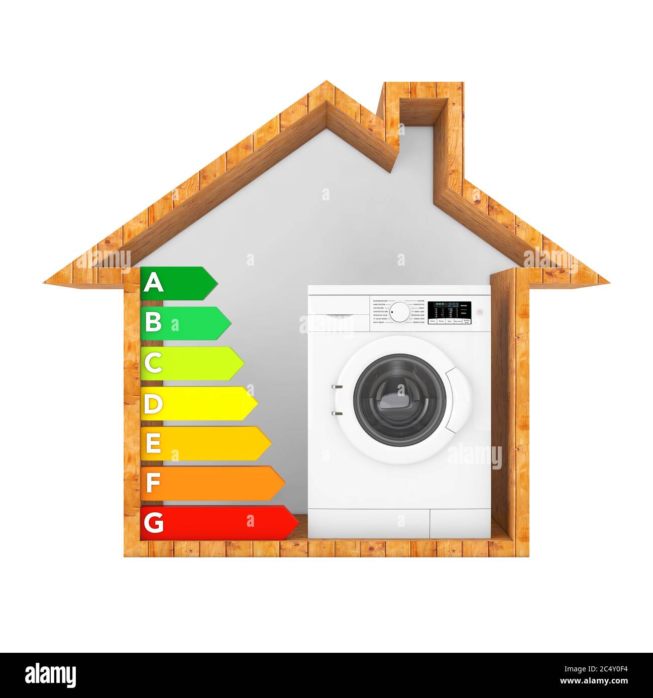 Modern Washing Machine with Energy Efficiency Rating Chart in Abstract
