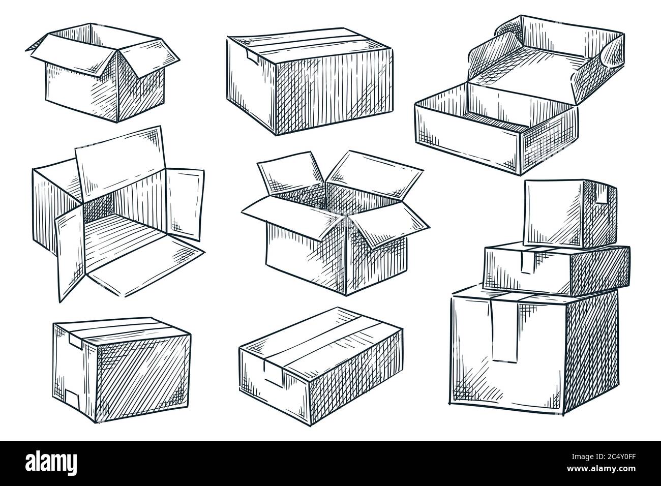 Cardboard boxes set. Closed and open empty postal packages collection. Vector hand drawn sketch illustration. Pile of carton mailboxes, isolated on wh Stock Vector