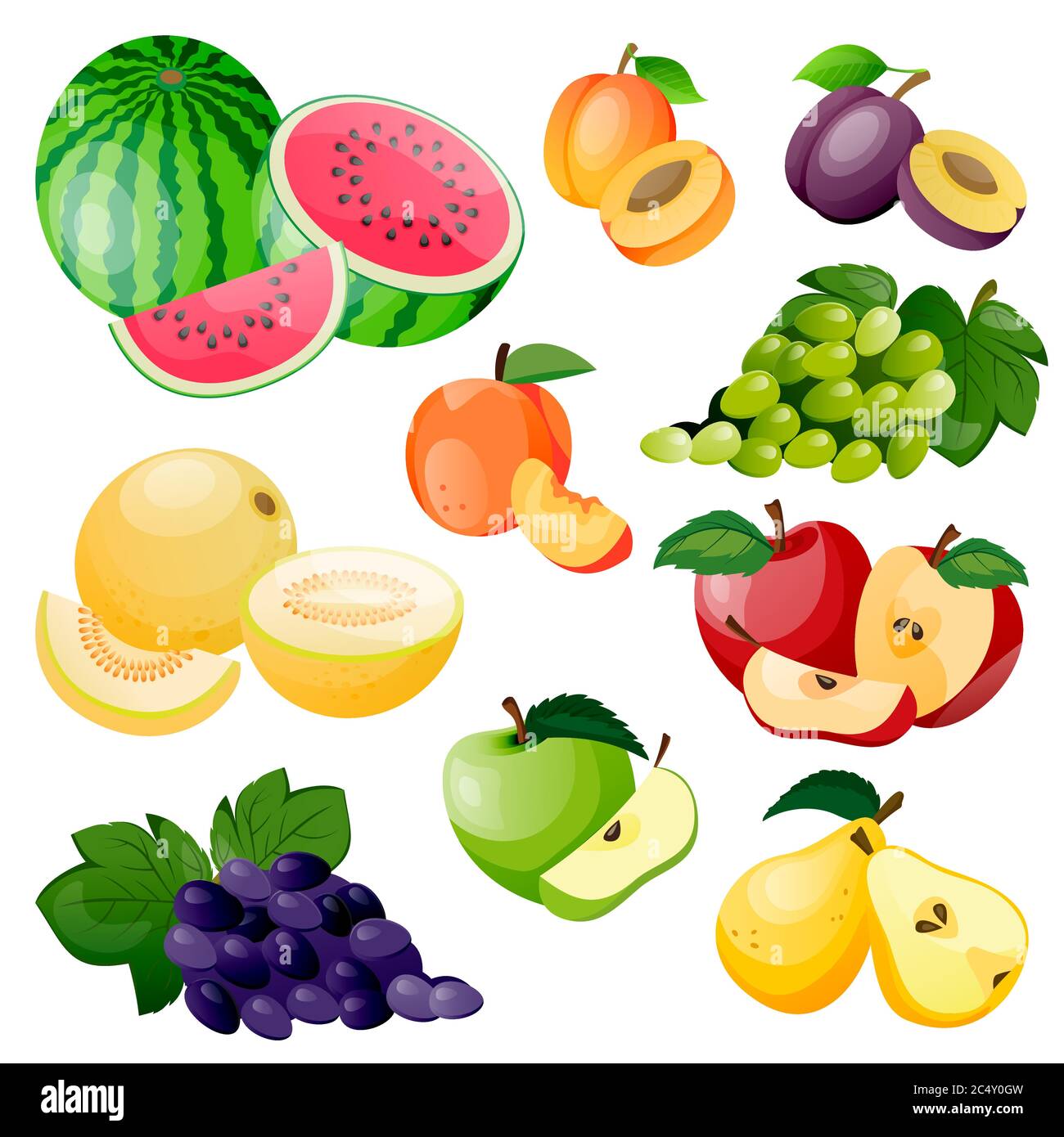 Juicy berries and fruits icon collection. Vector flat cartoon illustration. Fresh watermelon, melon, apricot, grape and plum isolated on white backgro Stock Vector