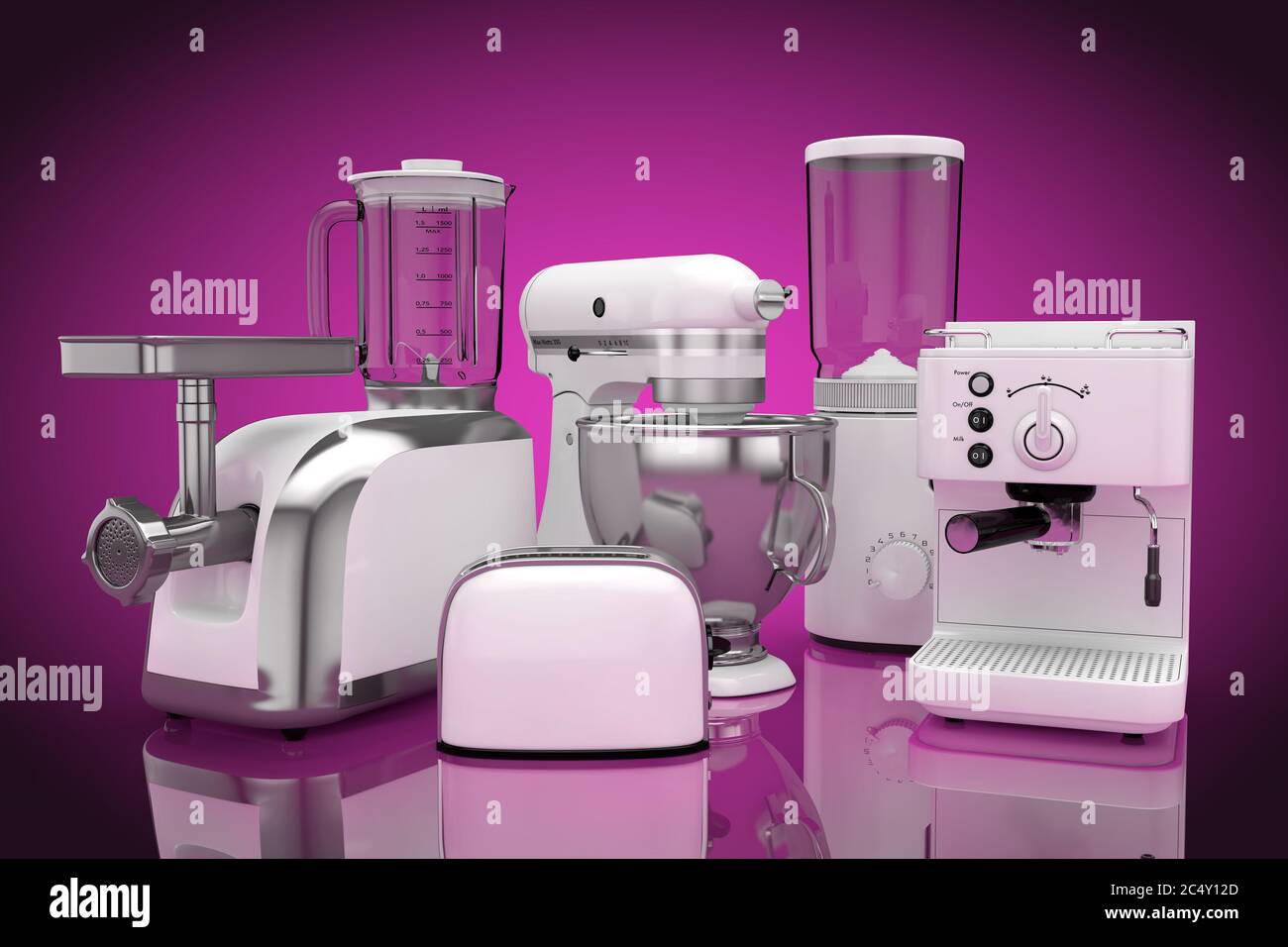 https://c8.alamy.com/comp/2C4Y12D/kitchen-appliances-set-white-blender-toaster-coffee-machine-meat-ginder-food-mixer-and-coffee-grinder-on-a-pink-background-3d-rendering-2C4Y12D.jpg