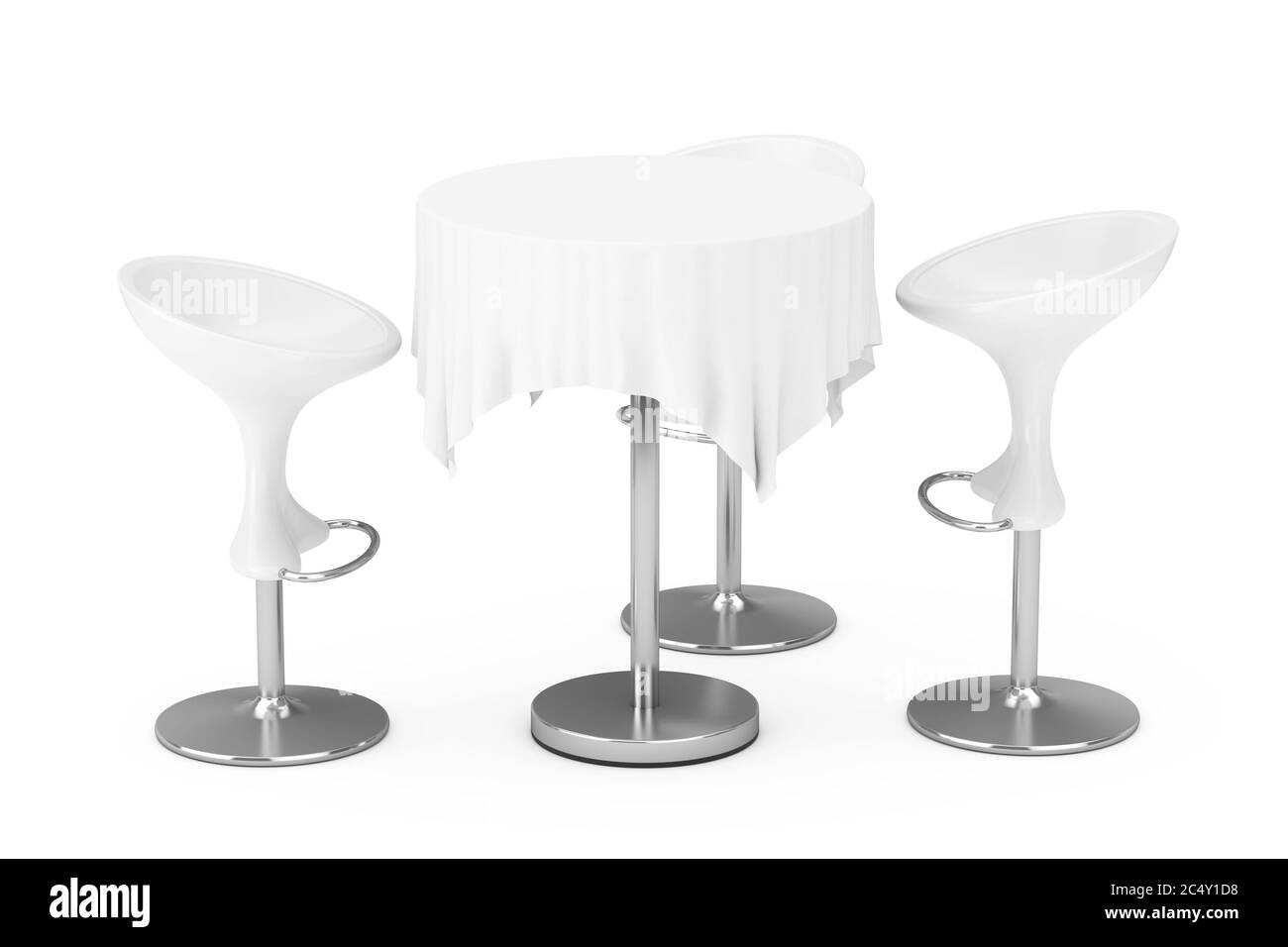 White Modern Bar Stools with Table and Tablecloth on a white background. 3d Rendering Stock Photo