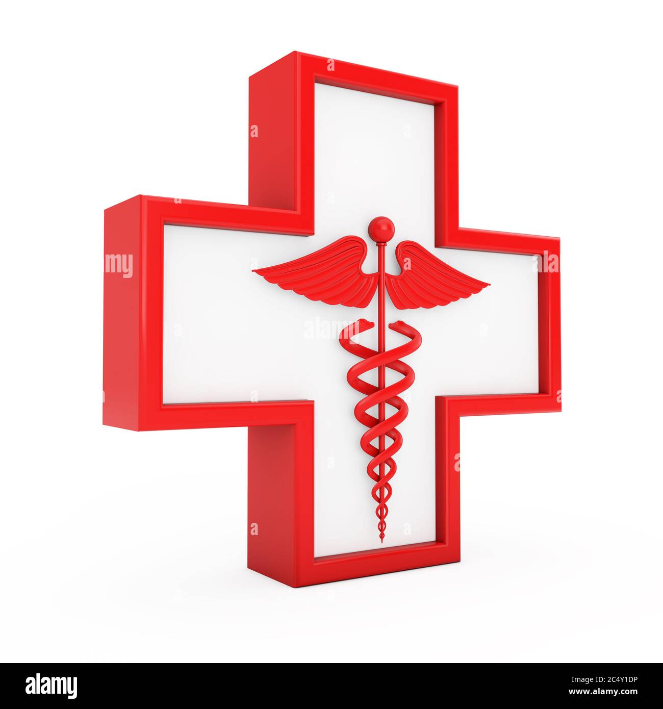 Red Medical Caduceus Symbol in Cross on a white background. 3d