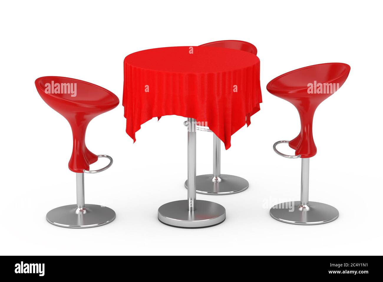 Red Modern Bar Stools with Table and Tablecloth on a white background. 3d Rendering Stock Photo