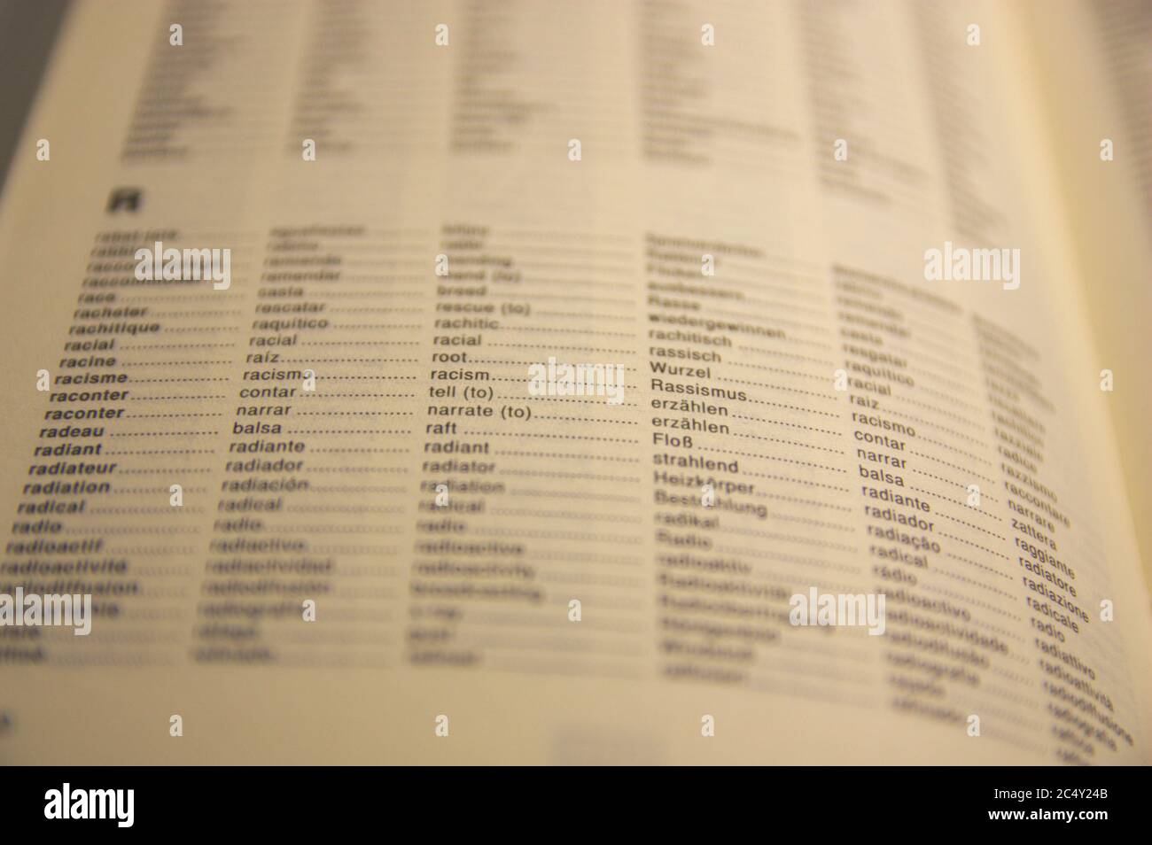 Closeup of a vocabulary sheet highlighting the word racism in different languages Stock Photo