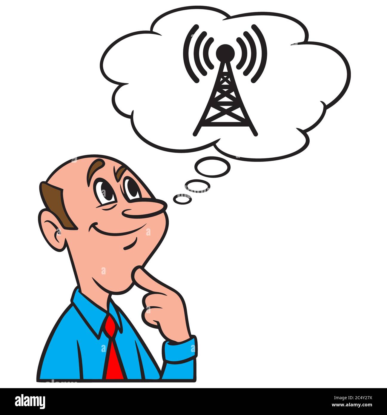 Thinking About A Broadcast Tower Signal-An Illustration of a person Thinking About a Broadcast Tower Signal. Stock Vector