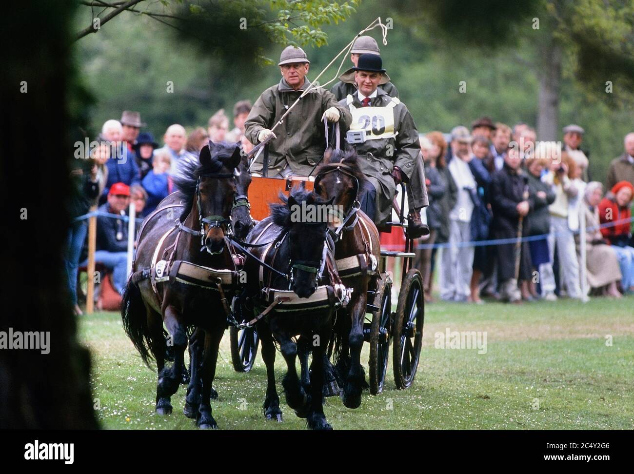 Prince Philip, Duke of Edinburgh competing at carriage driving. Windsor Horse show. Berkshire, England, UK  Circa 1989 Stock Photo