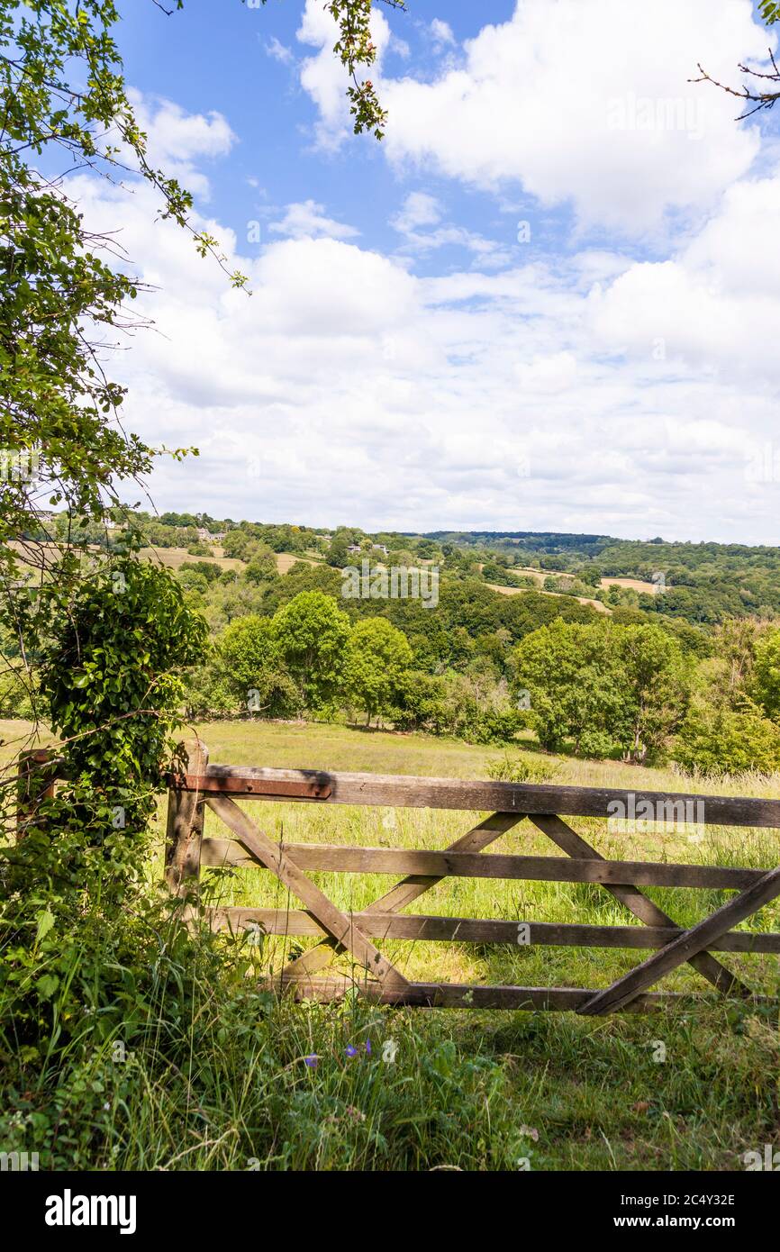 Looking across a five bar gate to the Upper Frome Valley towards Oakridge from near Frampton Mansell, Gloucestershire UK Stock Photo