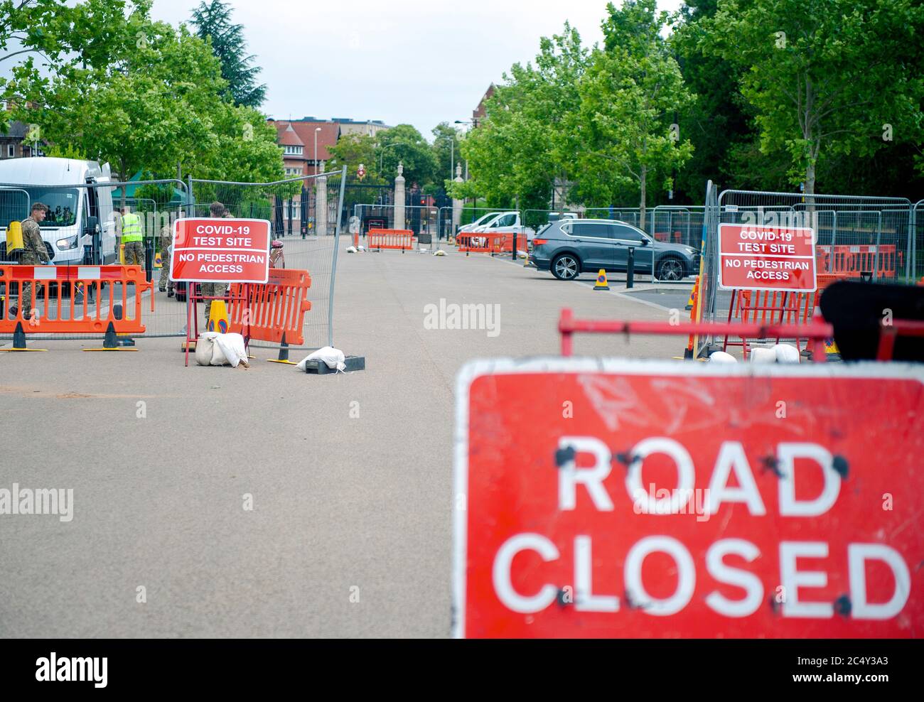 Leicester City faces lockdown extension due to surge in positive coronavirus Covid-19 cases. Drive-thru testing station at Victoria Park. Stock Photo