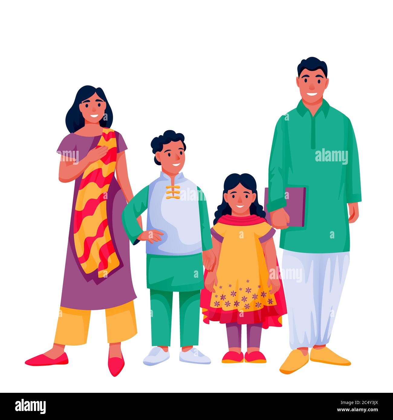 Indian happy family with two kids. Father, mother, boy and girl in colorful traditional clothing, isolated on white background. Vector flat cartoon ch Stock Vector