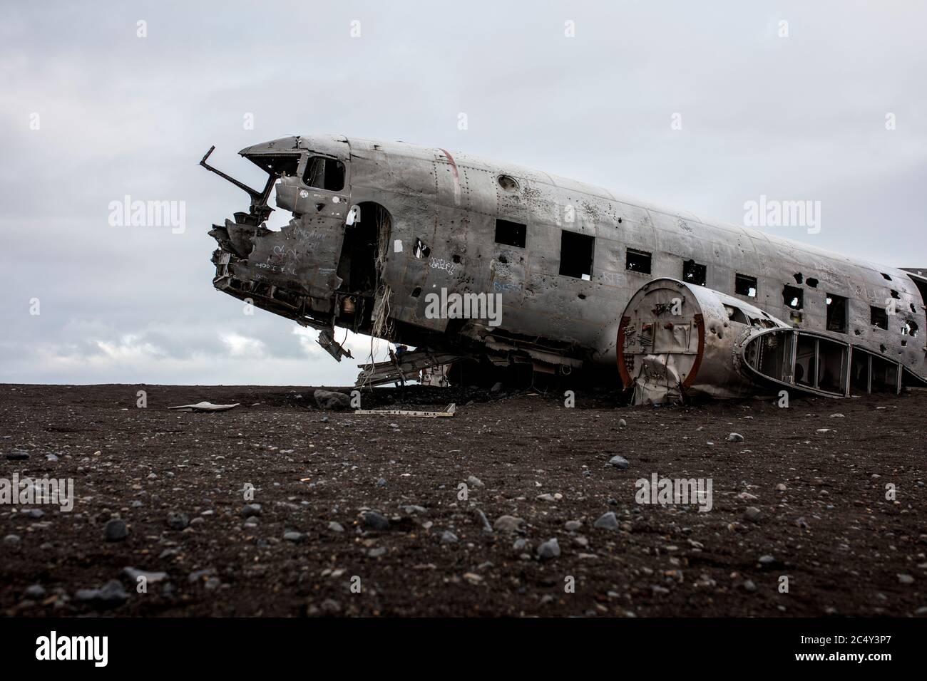 The fuselage of a crashed US Navy DC3 plane near Vik, Iceland Stock