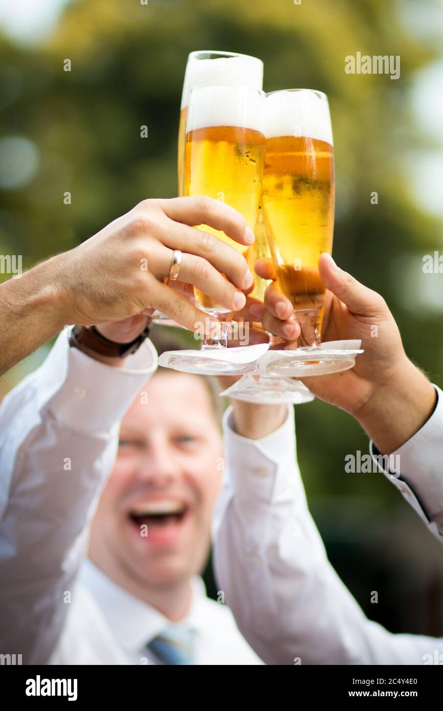 cheers clink of glasses wine beer toast Stock Photo