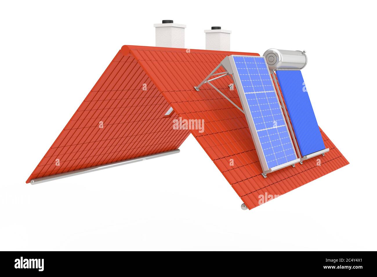 Solar Water Heater and Solar Panel Installed on a Red Roof on a white ...