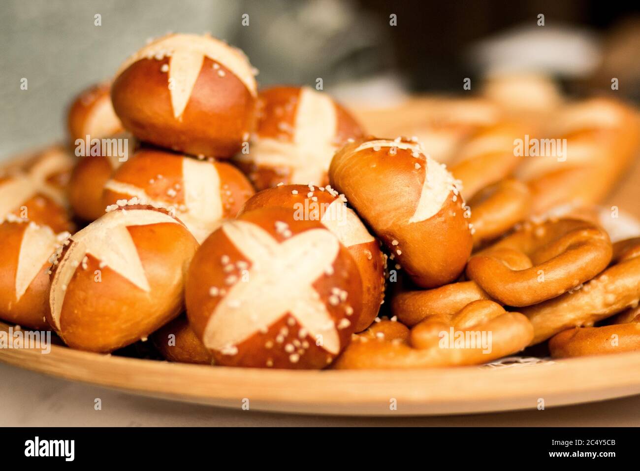 bun roll pretzel salty food bakery basket german breakfast Stock Photo