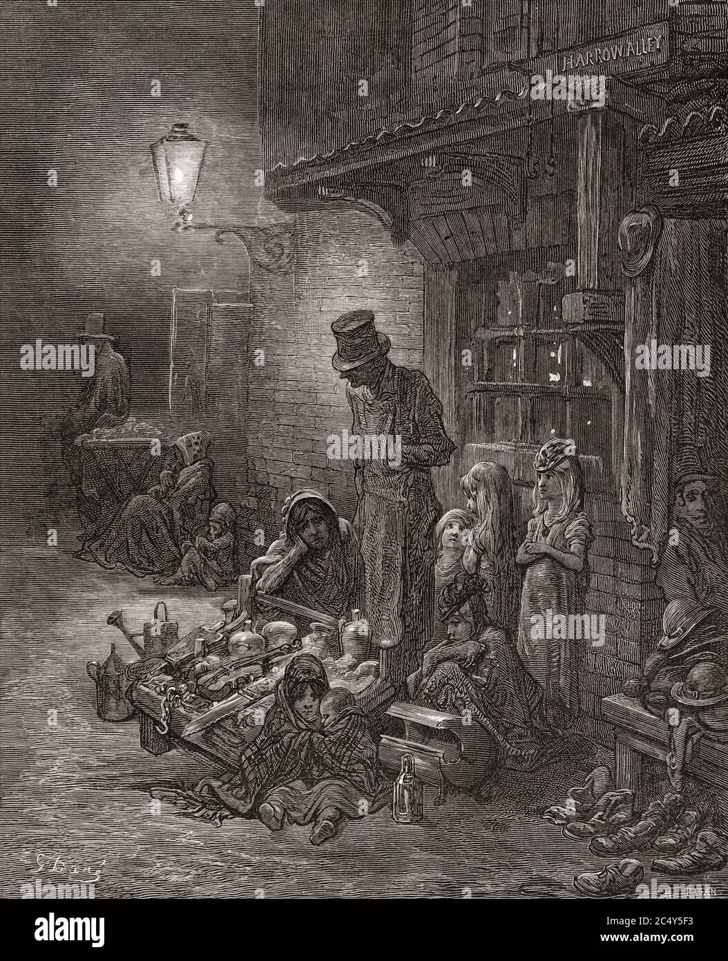 Poverty stricken citizens of Houndsditch, East End, London.  After an engraving by Gustave Dore in the book London: A Pilgrimage by Gustave Dore and Blanchard Jerrold, published 1872. Stock Photo