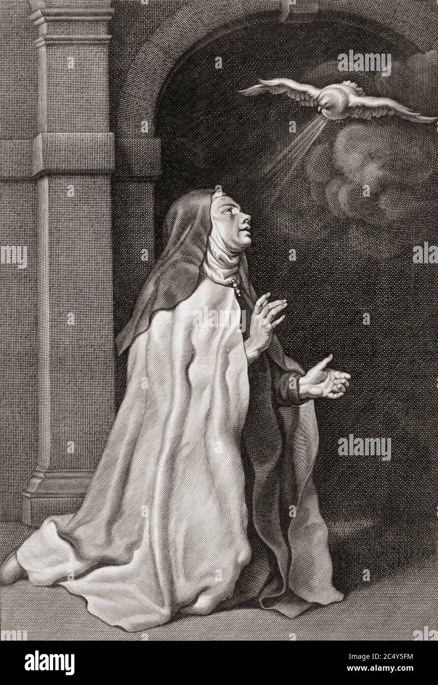 Saint Teresa of Ávila, baptized Teresa Sánchez de Cepeda y Ahumada, 1515 – 1582.  Spanish mystic, Roman Catholic saint.  She is depicted receiving a vision.  After an engraving by Pieter van Schuppen from a work by Peter Paul Rubens. Stock Photo