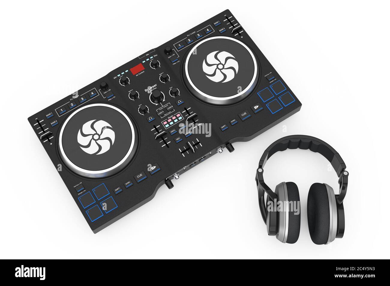 DJ Mixing Turntable with Headphones on a white background. 3d Rendering