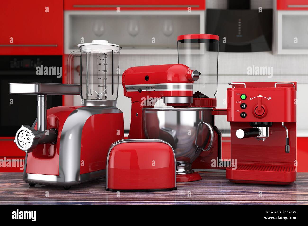 https://c8.alamy.com/comp/2C4Y675/kitchen-appliances-set-red-blender-toaster-coffee-machine-meat-ginder-food-mixer-and-coffee-grinder-on-a-wooden-table-3d-rendering-2C4Y675.jpg