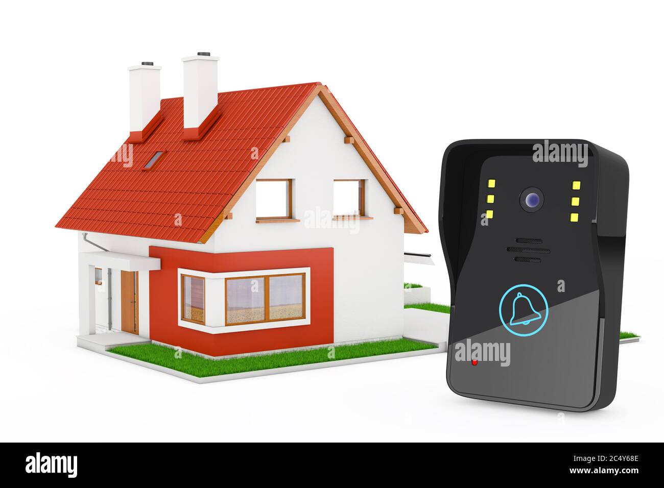 Modern Video Intercom near Modern Cottage House with Red Roof and Green Grass on a white background. 3d Rendering. Stock Photo
