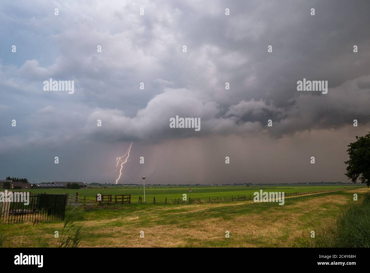 Severe thunderstorm approaching over a field. Lightning bolt hits the earth. Stock Photo