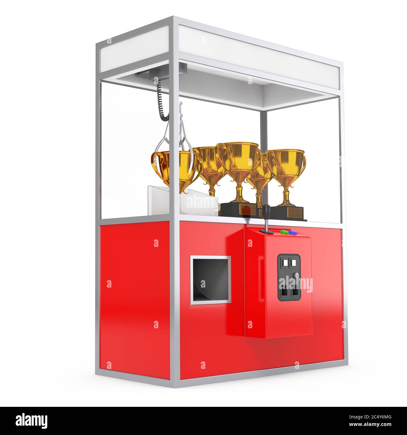 Carnival Red Toy Claw Crane Arcade Machine with Golden Trophy on a white background. 3d Rendering Stock Photo