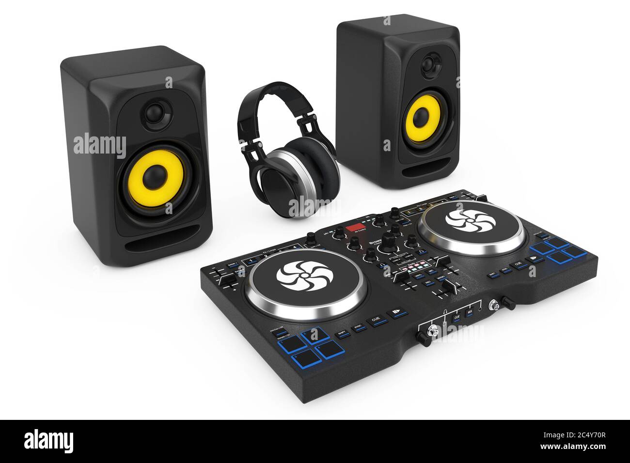 DJ Mixing Turntable with Speakers and Headphone on a white background