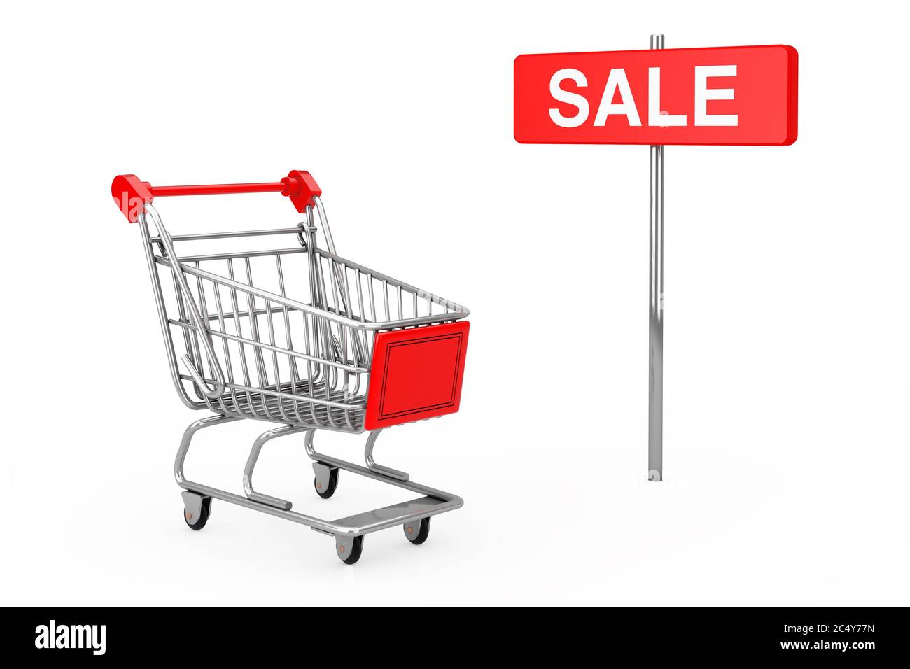 Red Pole Sale Sign near Shopping Cart on a white background. 3d