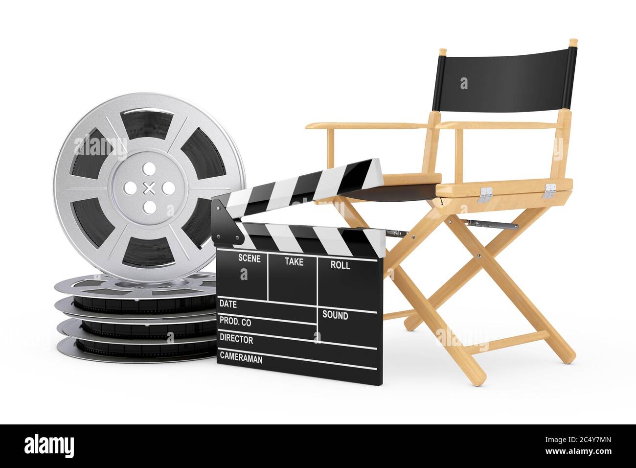 Cinema Industry Concept. Director Chair, Movie Clapper and Film Reels ...