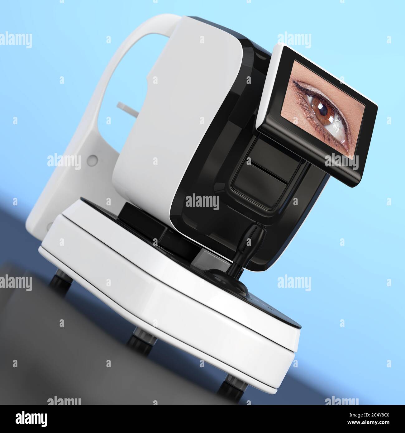 Optical Auto Refractometer Eye Test Machine on a blue background. 3d