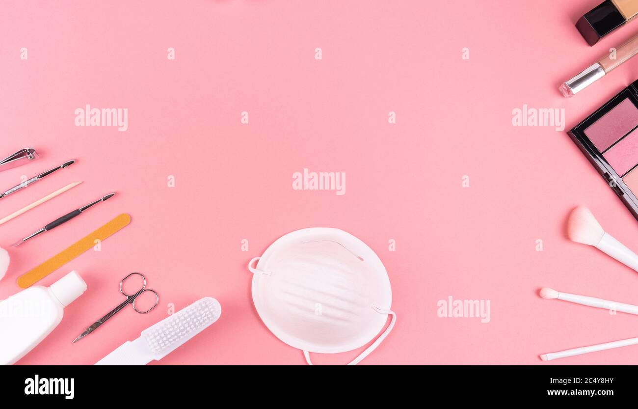 Nail Salon And Hair Salon After Quarantine On Pink Background With Face Mask Hand Sanitizer Makeup Nail Polish Makeup Brushes And Nail Set Cop Stock Photo Alamy