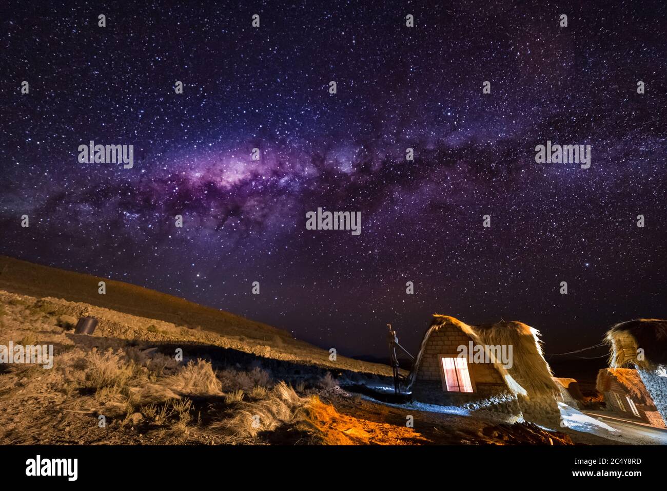 Uyuni, Bolivia - october 02, 2018: starry night at Jukil Community Lodge, a salt hotel in Santiago de Agencha, a small village in the Salar de Uyuni, Stock Photo