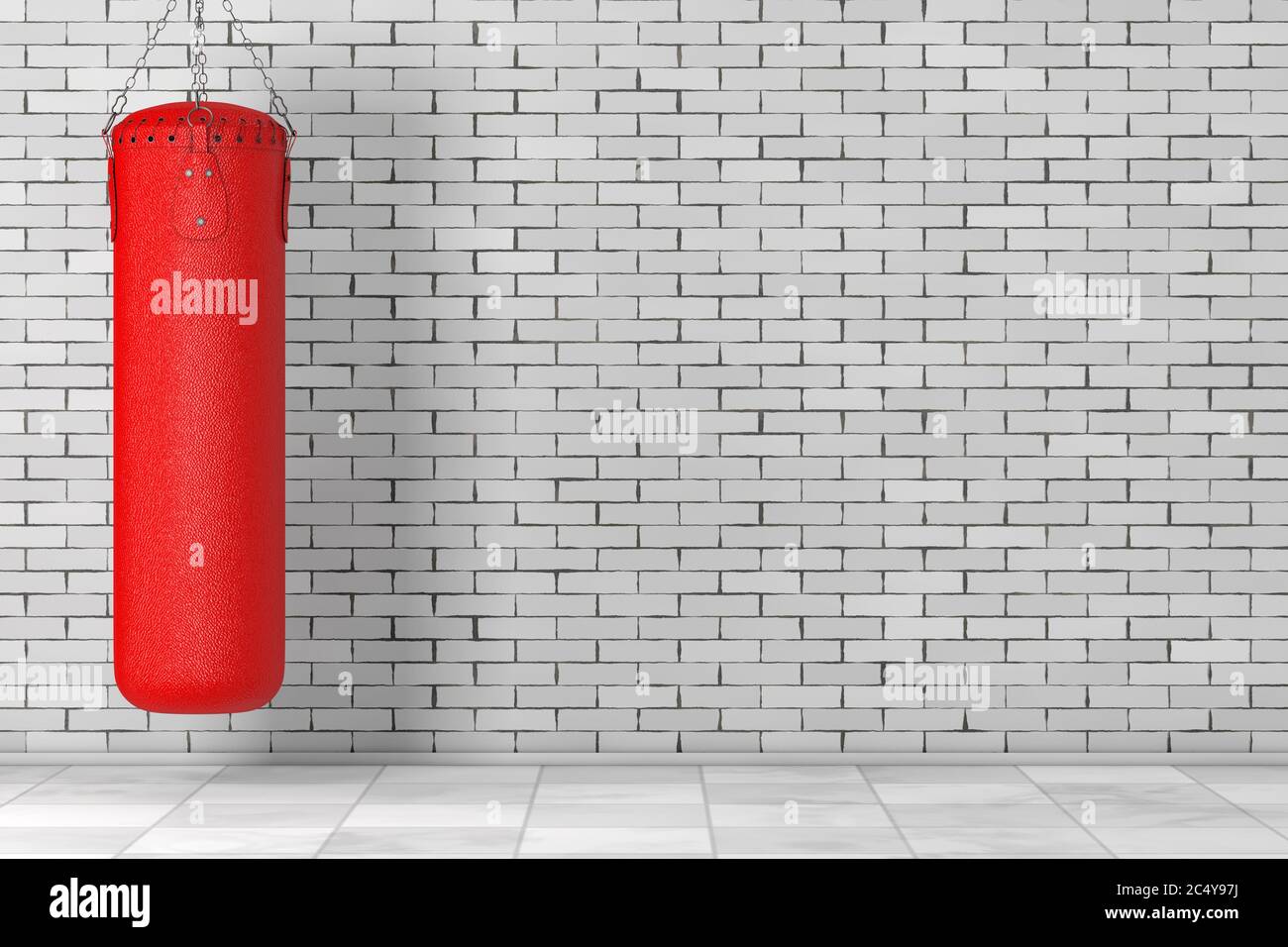 Red Leather Punching Bag for Boxing Training in front of brick wall. 3d