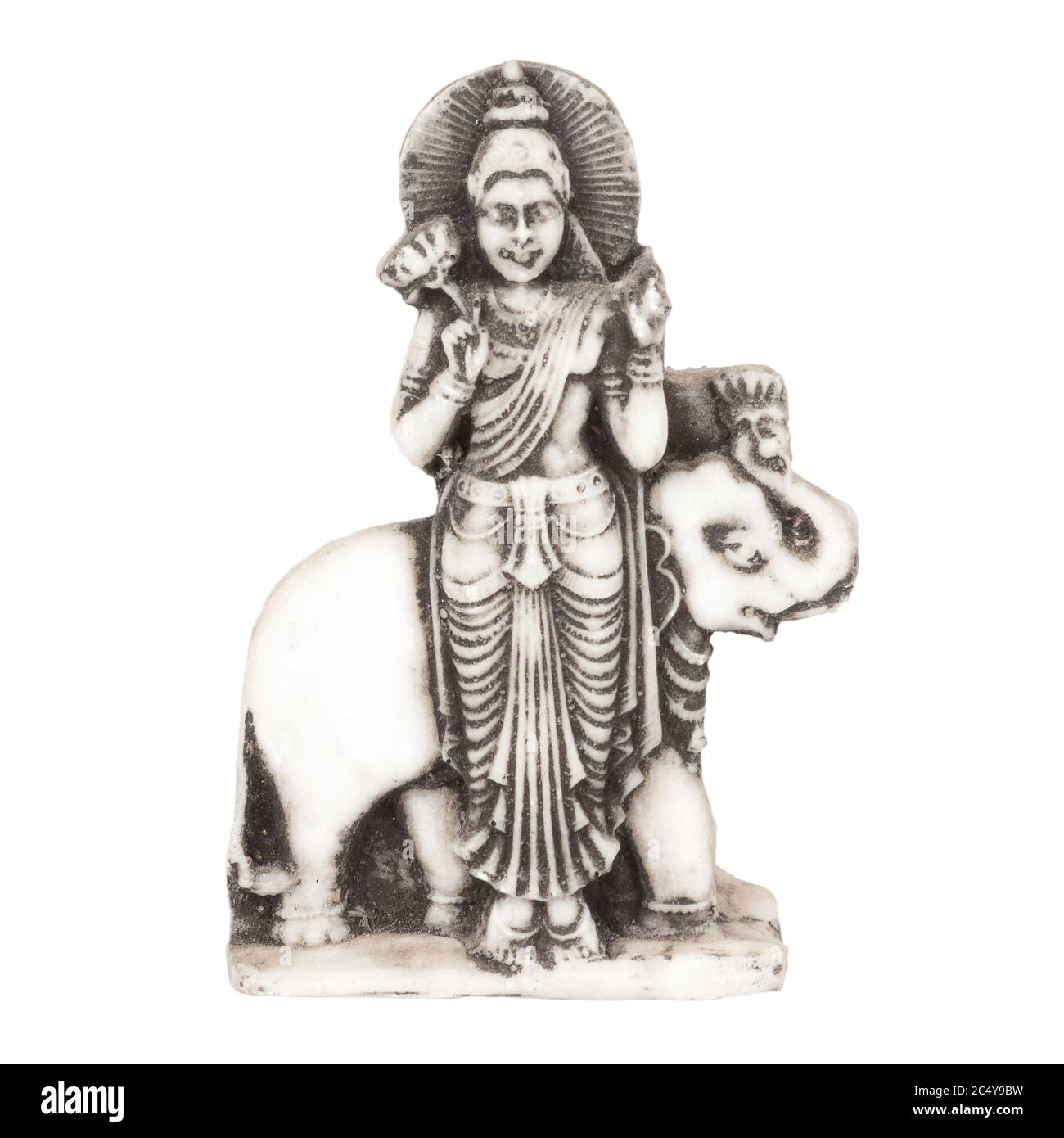 Beautiful Ancient Stone Figurine of Buddha near Elephant on a white background Stock Photo