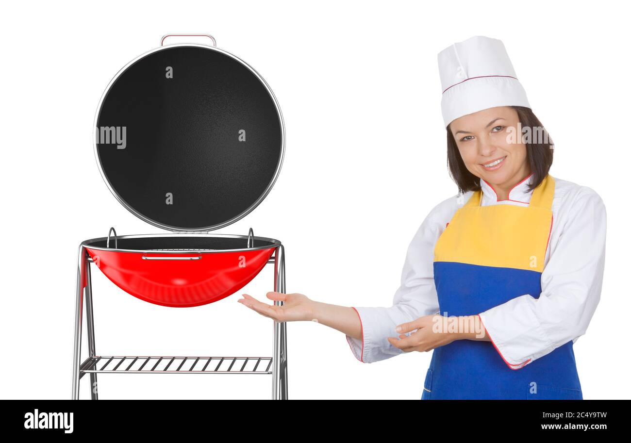 Beautiful Young Woman Chef near Big Red Barbecue Grill on a white
