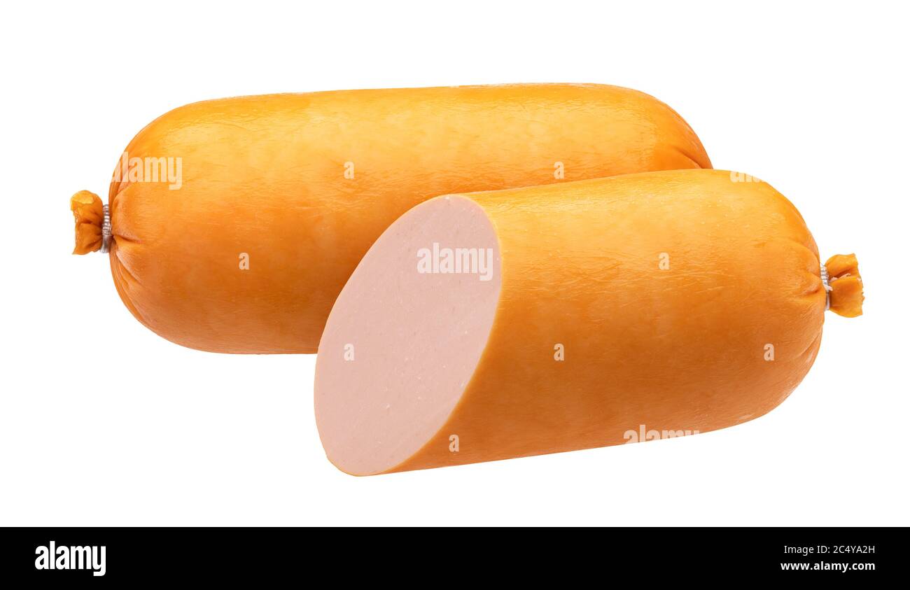 Boiled sausage in shell isolated on white background Stock Photo