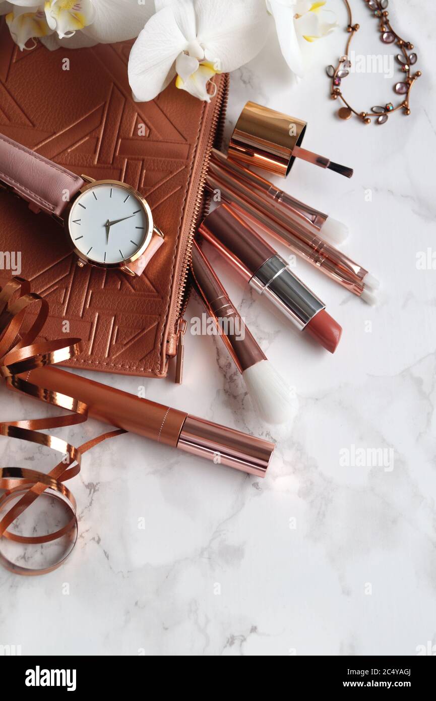 Makeup table, luxury makeup and jewelry Stock Photo