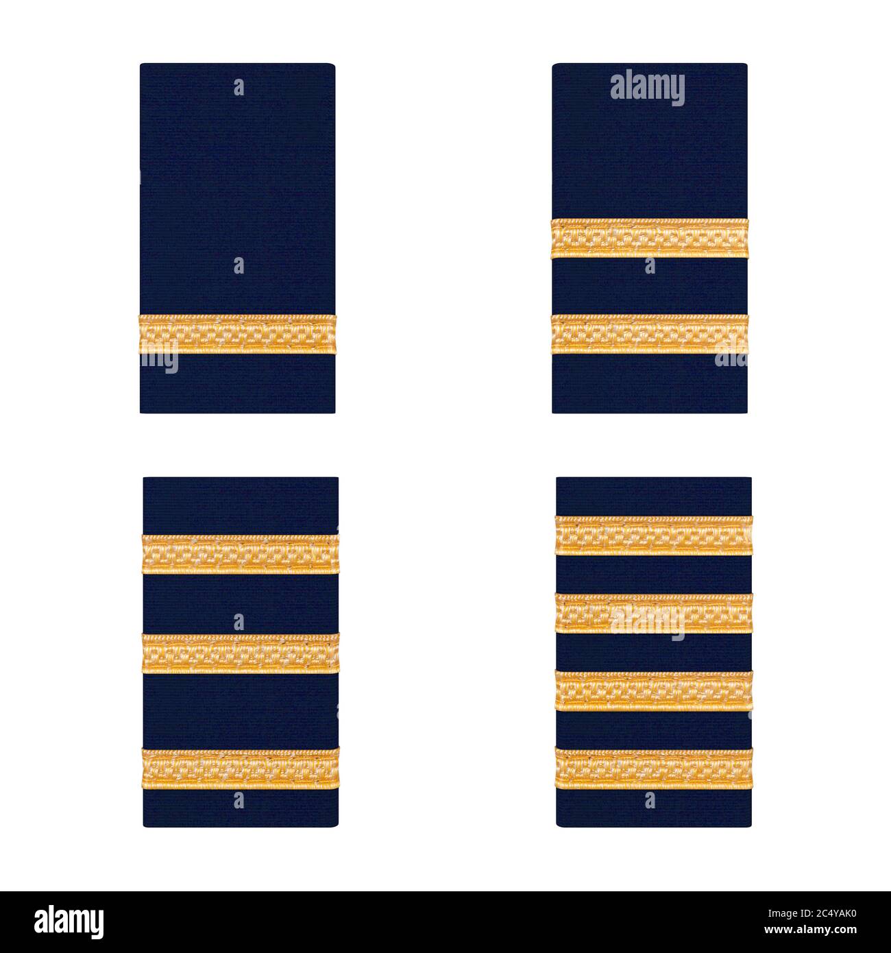 Pilot Golden Bars Epaulets from Student to Captain on a white background. 3d Rendering Stock