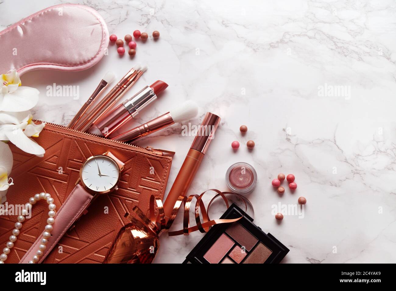 Makeup table, luxury makeup and jewelry Stock Photo