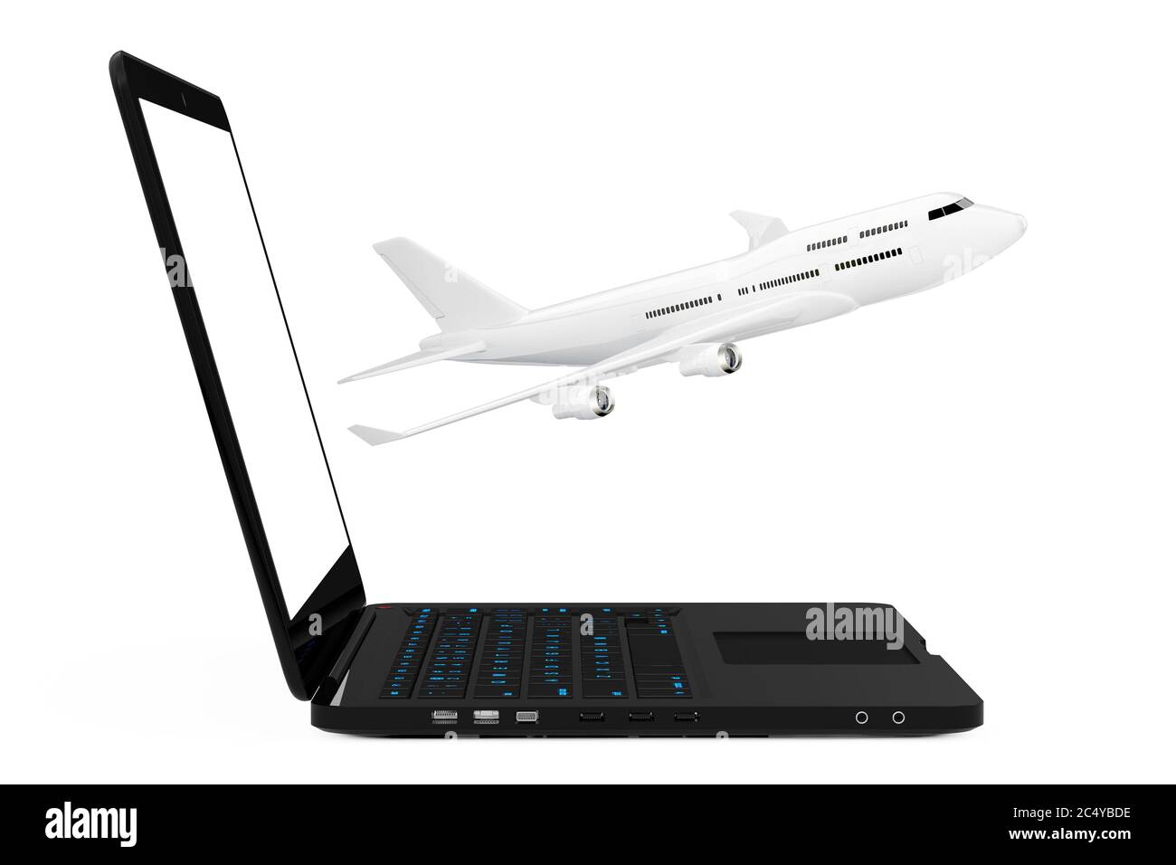 Modern Laptop Computer with White Jet Passenger's Airplane Flying out from Screen on a white background. 3d Rendering. Stock Photo