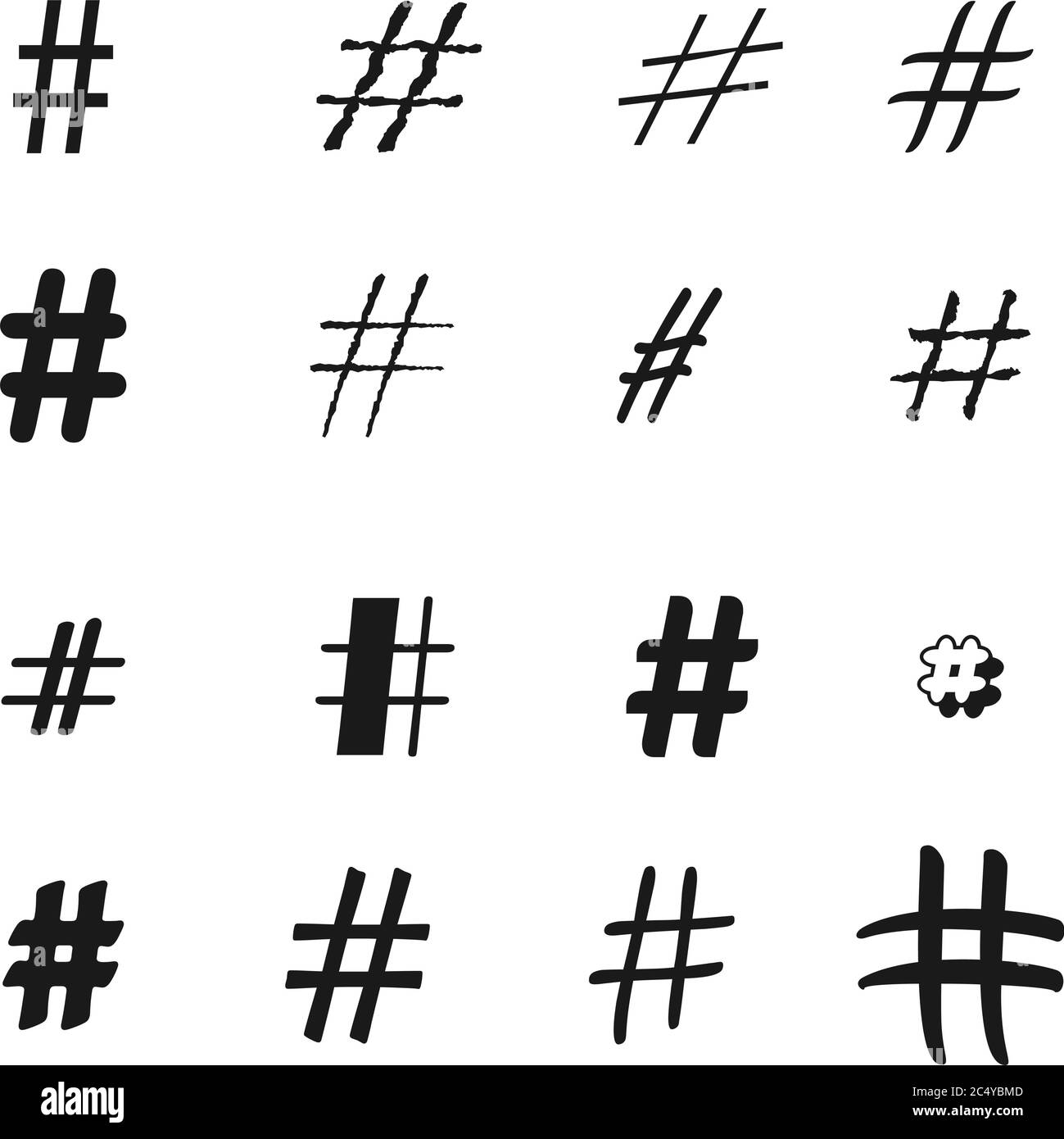 Hashtag signs. Number sign, hash sign. Collection of 16 black symbols isolated on a transparent background Stock Vector