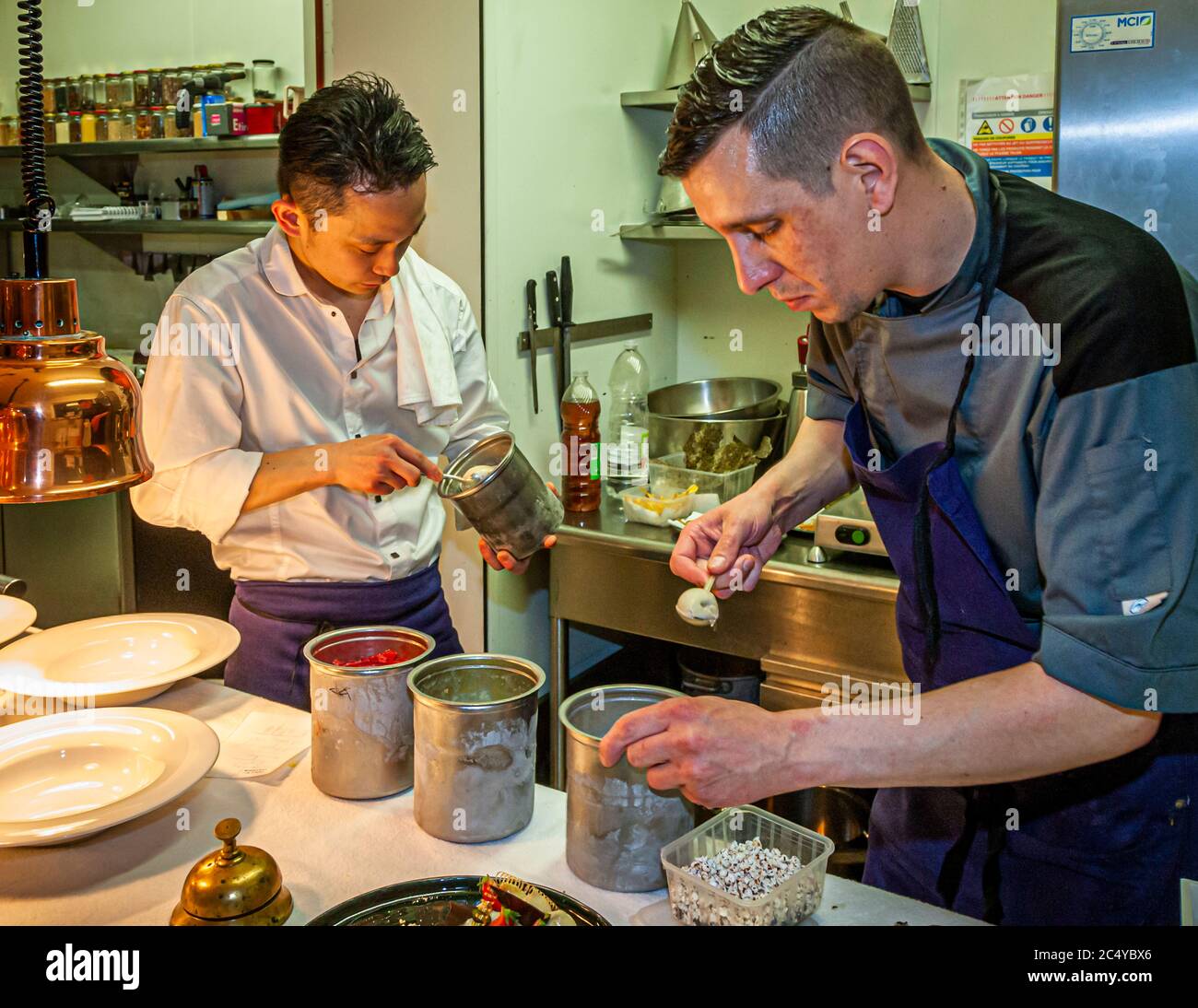 The Kitchen of Michelin Star Chef Loic Le Bail in Hotel Brittany and Spa, Morlaix-Roscoff, France Stock Photo