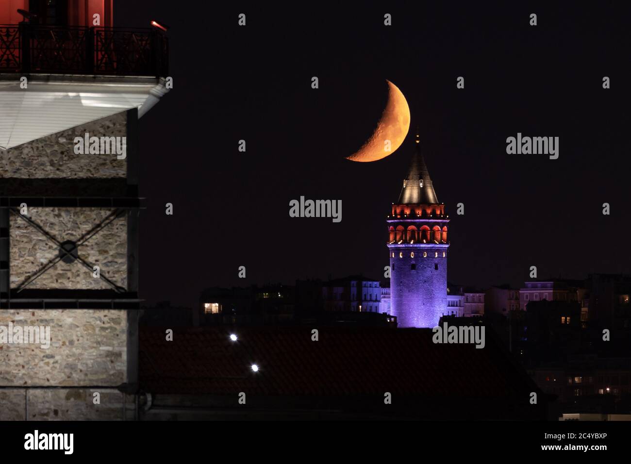Moonset over Galata Tower in Istanbul City, Turkey Stock Photo - Alamy