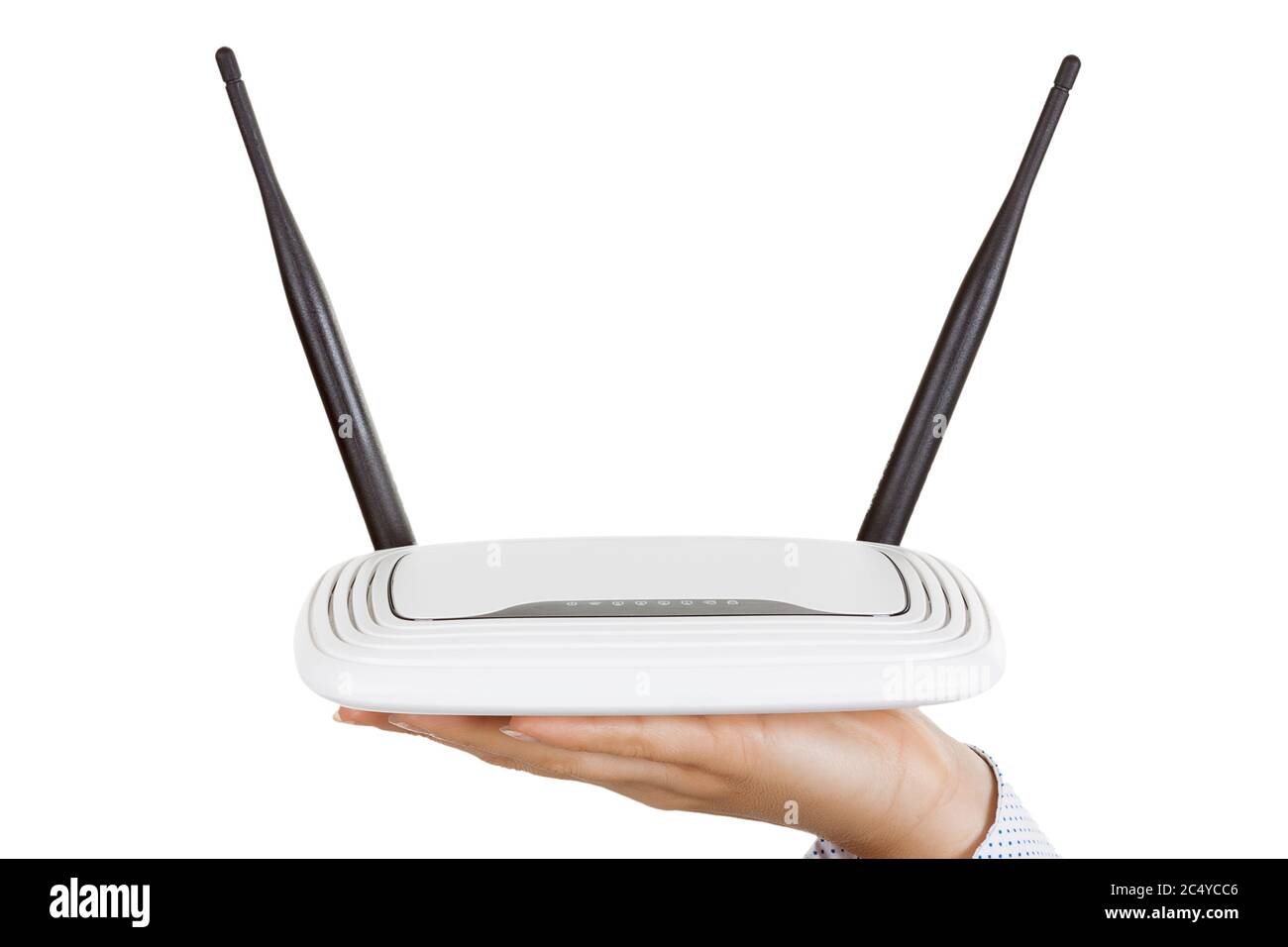 Wireless Modem Router Hardware in Woman Hands on a white background Stock  Photo - Alamy