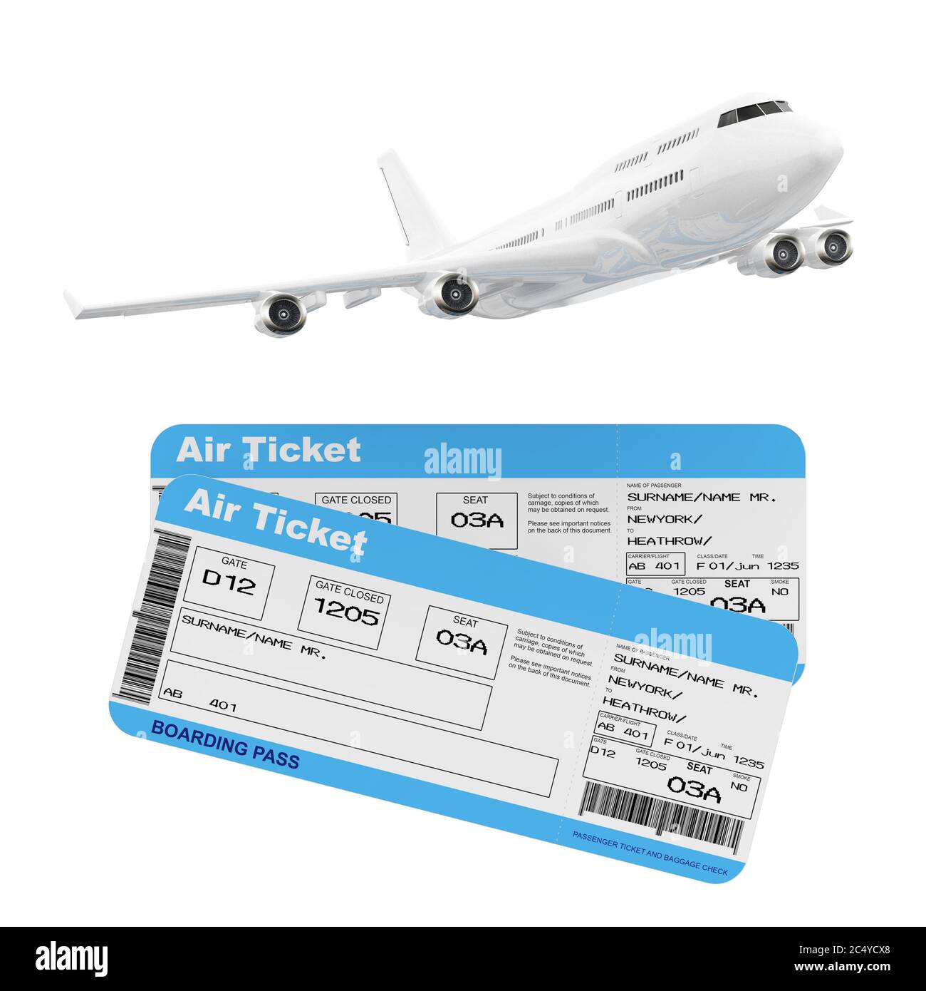 White Jet Passenger's Airplane with Airline Boarding Pass Tickets on a white background. 3d Rendering Stock Photo