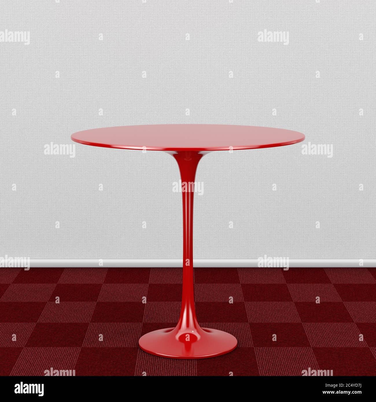 Red Round Table on Red Carpet Floor against White Wall extreme closeup