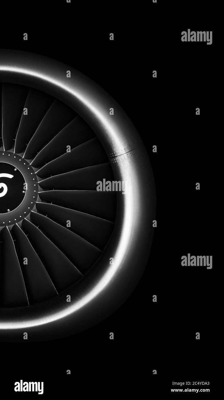 Engine airplane. close up of turbojet of aircraft on black background. Stock Photo