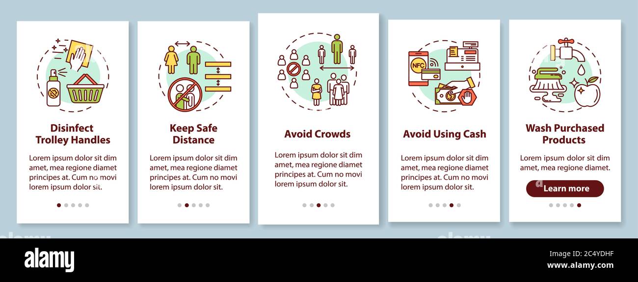 Safe shopping tips guidelines onboarding mobile app page screen with ...