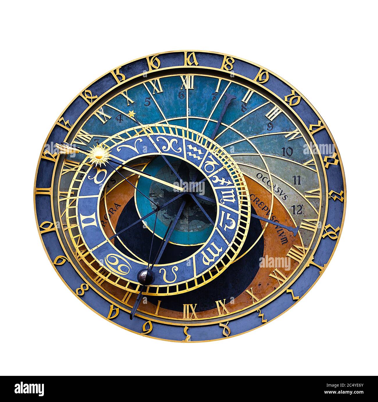 Old astronomical clock isolated on white. Prague astronomical clock at the Old Town City Hall from 1410 is the third oldest astronomical clock in the Stock Photo