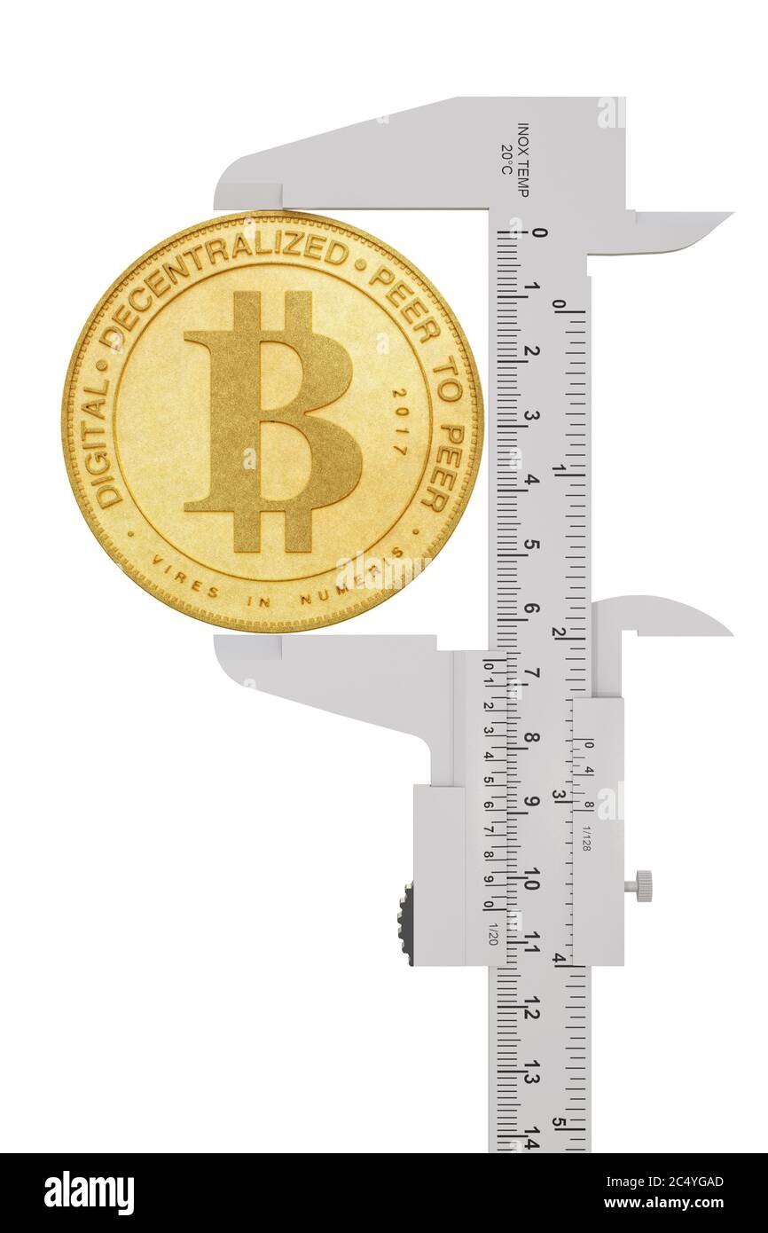 Digital and Cryptocurrency Concept. Vernier Calliper with Golden Bitcoin on a white background. 3d Rendering Stock Photo